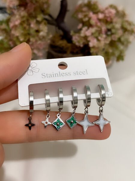 ÇELİK SEDEF TAŞLI ÇOKLU KÜPE SETİ