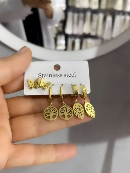 ÇELİK HAYAT AĞACI  ÇOKLU KÜPE SETİ