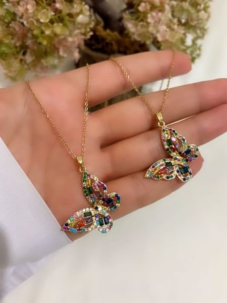 ÇELİK RENKLİ ZİRKON TAŞLI KELEBEK KOLYE