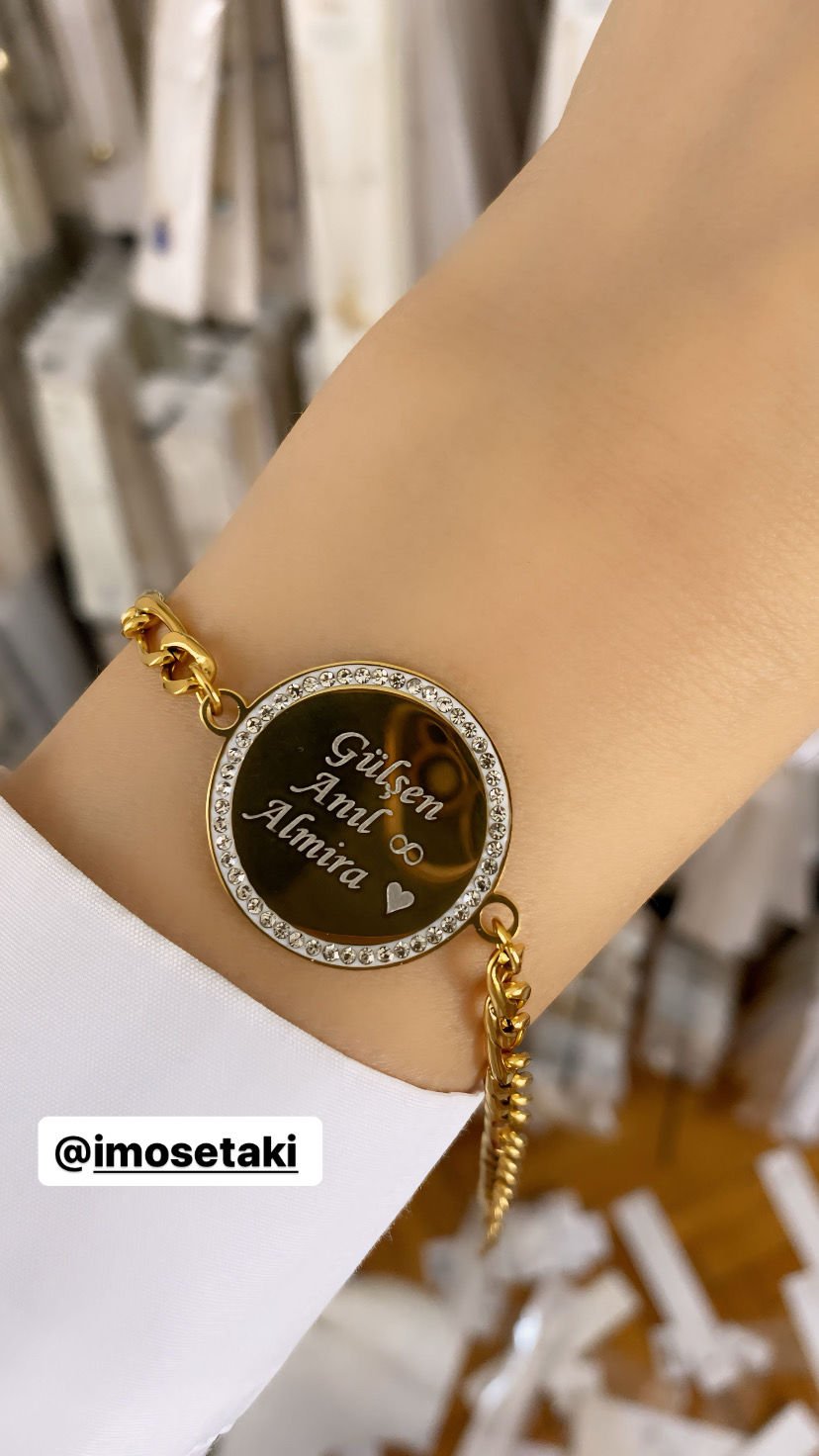 Çelik Zirkon Taşlı İsimli Bileklik